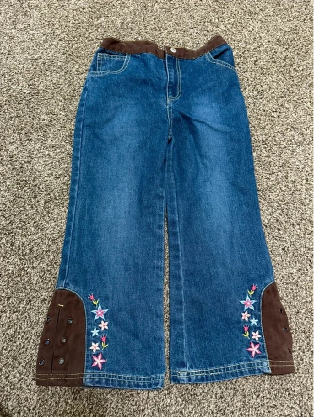 Vintage Healthtex Girls Size 6 Floral Embroidered Wide Leg Jeans Lace Up Y2K